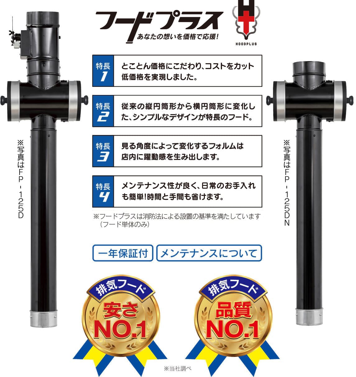 安心品質と信頼で実績のある、有名メーカーによる製品です従来の縦円筒形から横円筒形に変化した、シンプルなデザインが特長のフード 見る角度によって変化するフォルムは店内に躍動感を生み出します 日常のお手入れも簡単!この価格で安全性の機能をフル装備した低価格高品質の信頼の製品です ※フードプラスは消防検査の基準を満たしています　（フード単体のみ）